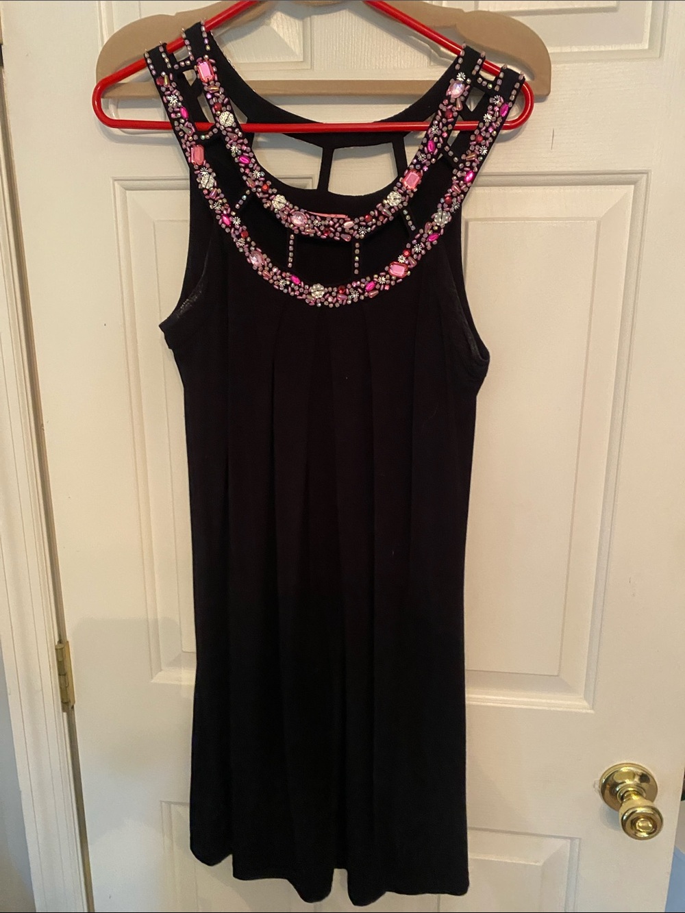 Black Sleeveless Dress with Pink Beaded Neckline Accent
